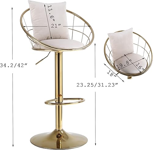 Miniatura 2 de Juego de 2 taburetes de bar dorados modernos, giratorios de 360 con respaldo de red y almohada, sillas de bar de terciopelo para tapicería para