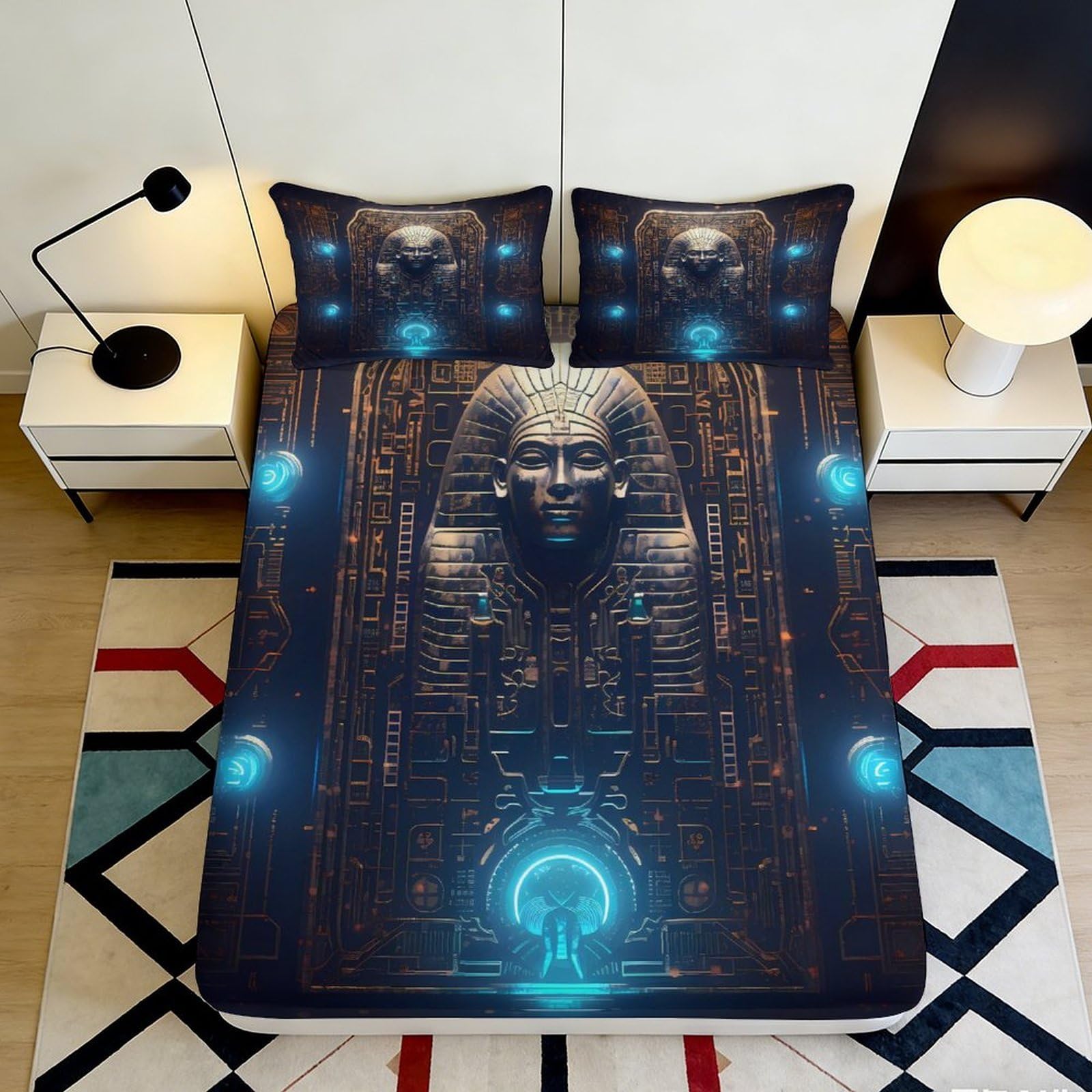 3D Printed Futuristic Tunnel Fitted Sheet Microfiber Soft Blue Neon Light Mattress Cover Bedroom Dorm Décor 90x200x25cm