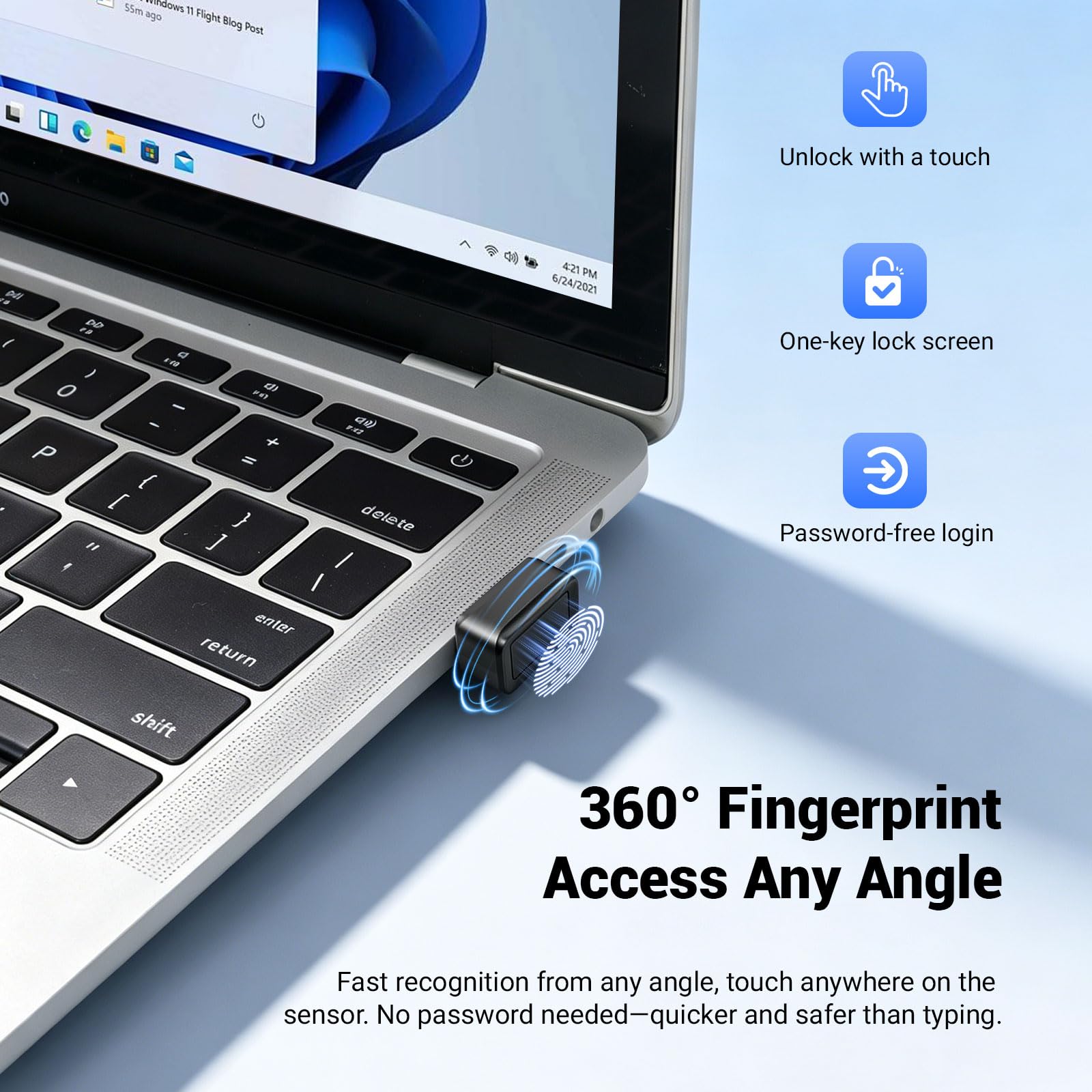 Lecteur d‘Empreintes digitales USB pour Windows Hello, Compatible avec Windows 11/10, Capteur 360°, clé de sécurité biométrique Plug & Play pour PC/Ordinateur Portable