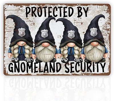 Funny Vintage Metal Tin Signs, Gnomeland Security, Gnome Policemen, Gnome Lover Gift, Christmas Gifts, Housewarming Gift, Vintage Metal Tin Wall Art Sign, Yard Decor Sign