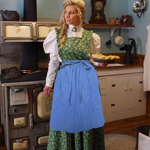 Miniatura 10 de Cityelf Delantal blanco vintage para disfraz de sirvienta, delantal blanco victoriano, 2 bolsillos, delantal de algodón con volantes para cocinar,