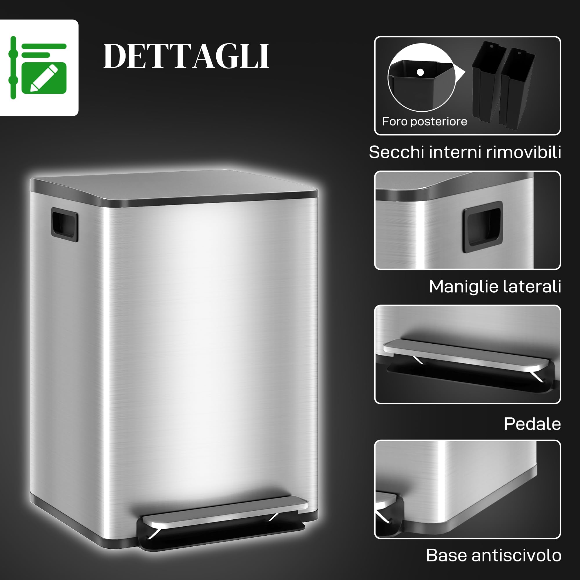 HOMCOM Pattumiera Differenziata 2 Scomparti 20L da Cucina a Pedale, Cestino Spazzatura con Coperchio a Chiusura Silenziosa in Acciaio Inox e PP, 41.8x36.7x58 cm, Argento