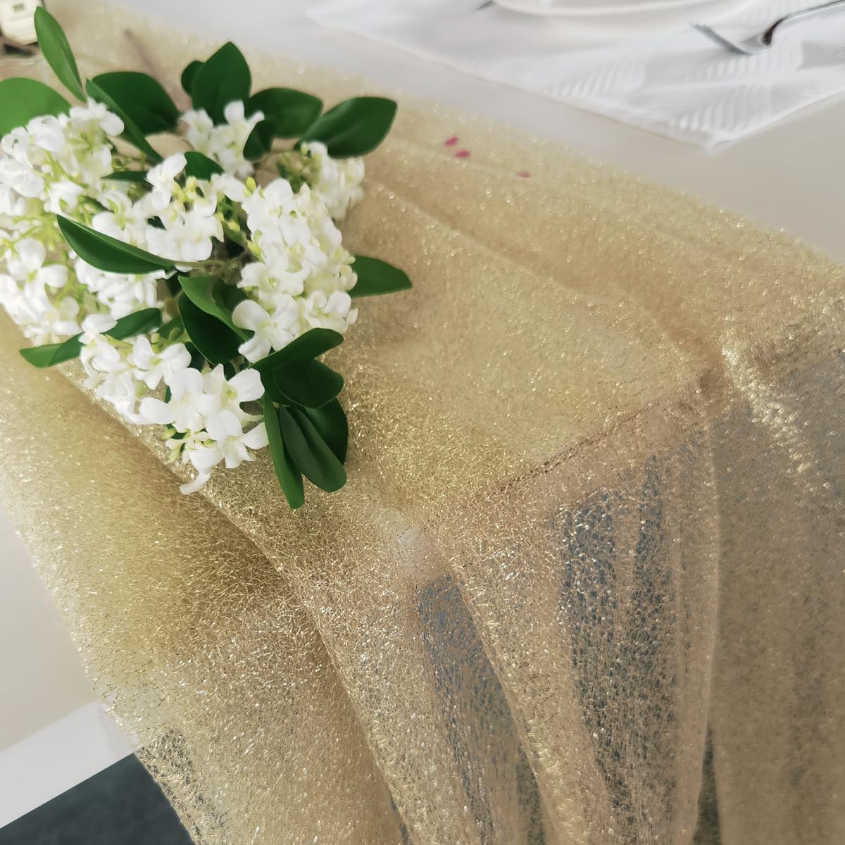 MANGATA CASA 10FT Boho Tulle Cheesecloth Table Runner, Sheer Decor for Wedding Birthday Graduation Party（Gold-2pcs, 28"x120"-2pcs