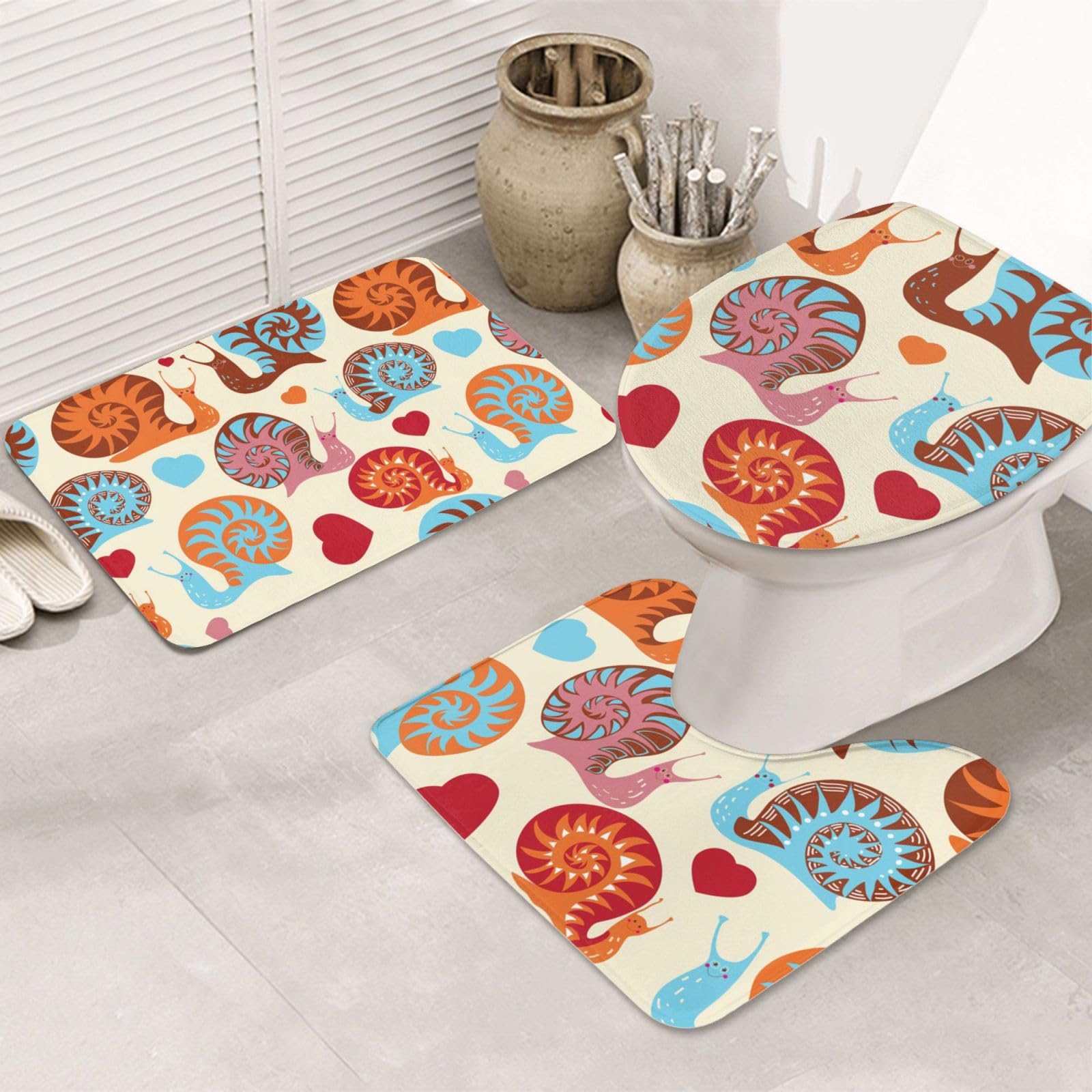 Set di 3 tappetini da bagno con motivo lumaca, in flanella, morbido, antiscivolo, con coperchio, decorazione per la casa