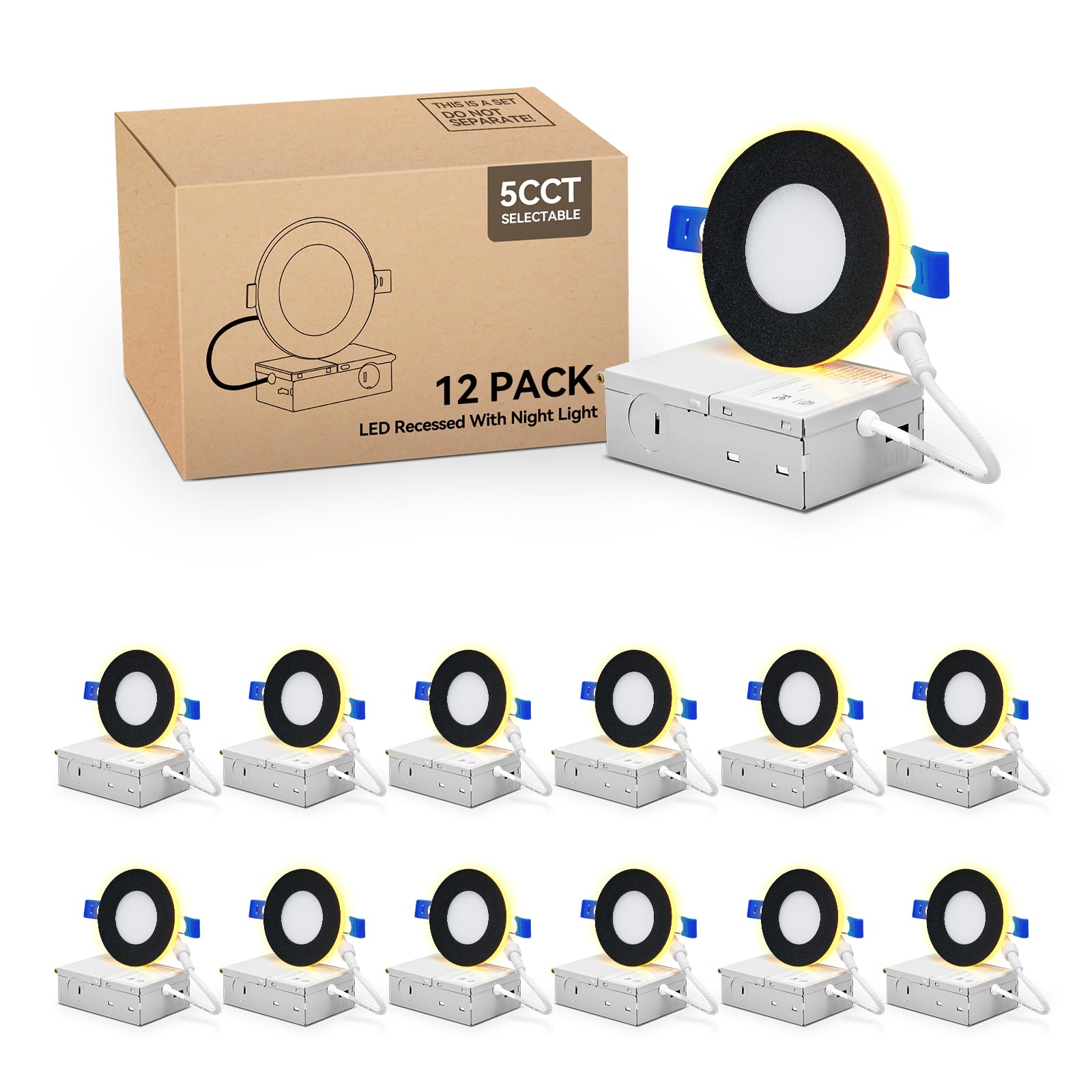 Photo 1 of Comiled 12 Pack Black 3 Inch Recessed LED Lights with Night Light, Canless Ultra Thin Wafer Recessed Lighting Downlight with Junction Box, Dimmable & 2700K/3000K/3500K/4000K/5000K Selectable, 6W, ETL