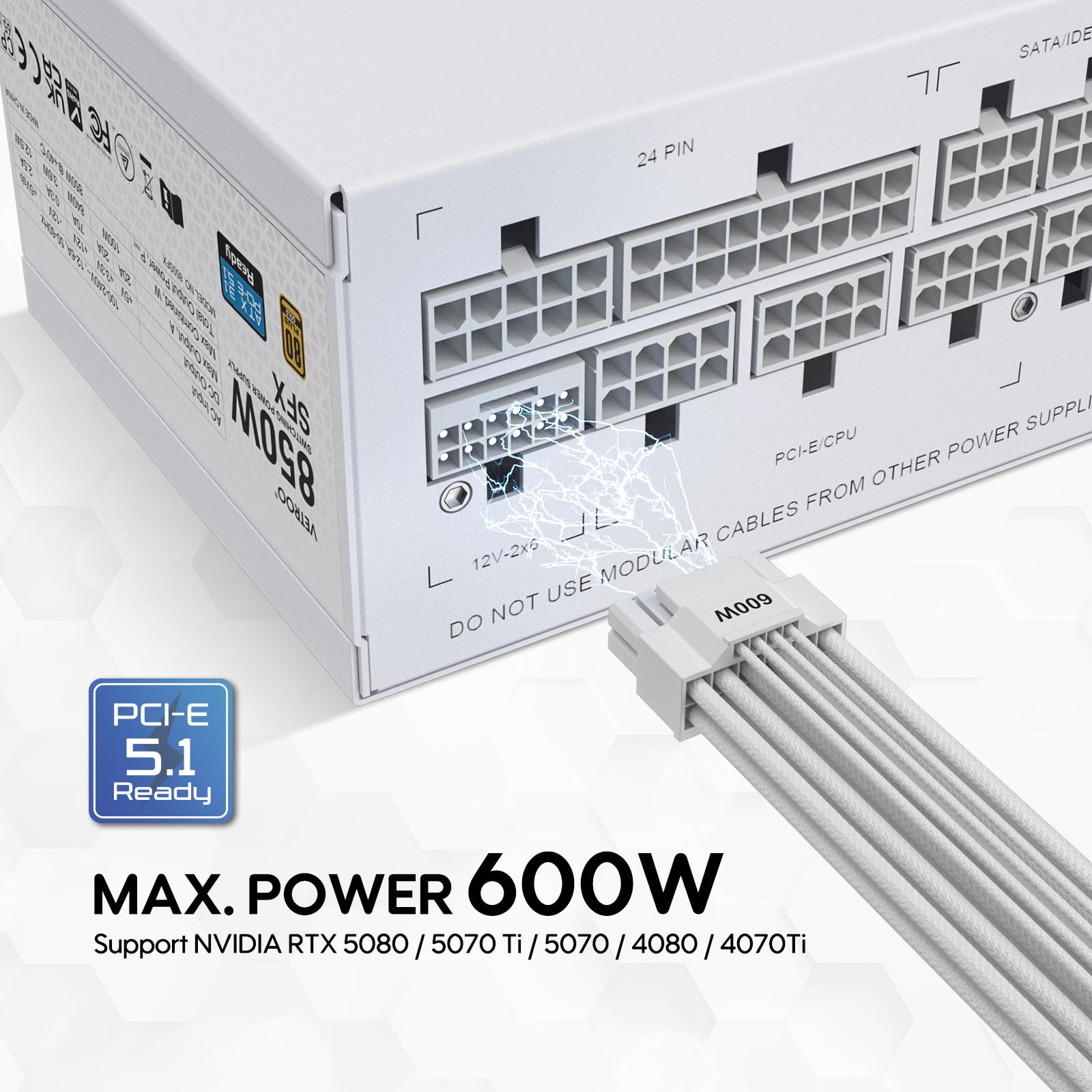 Vetroo 850W SFX Power Supply ATX 3.1 & PCIE 5.1 Ready, 80 Plus Gold Certificate Fully Modular, 90mm FDB Fan for Low-Noise Operation, SFX-to-ATX Bracket, 10-Year Warranty - White — view 2