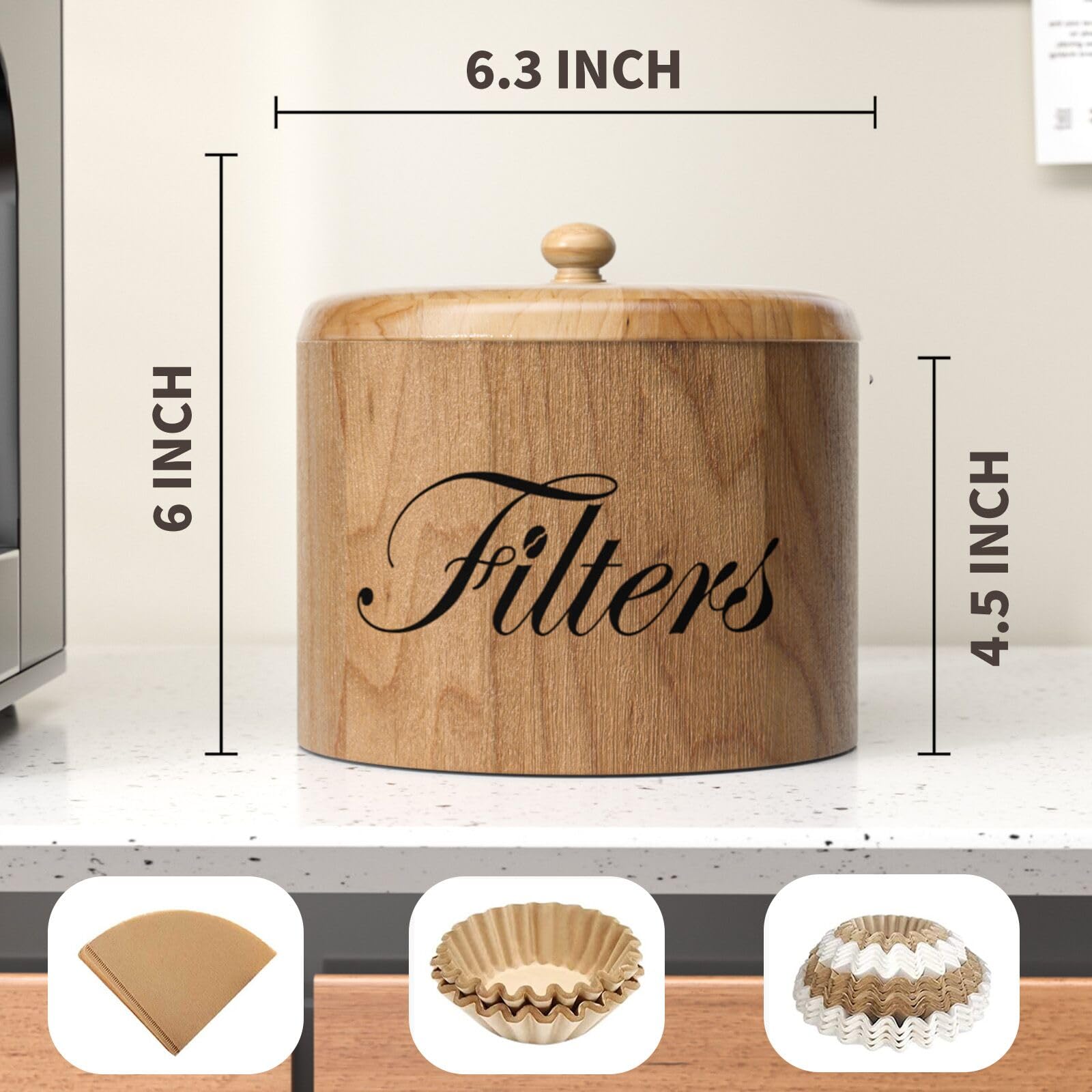 Kaffeefilterhalter, Kaffeefilter-Aufbewahrung aus Holz mit Deckel, rund, Kaffeefilterbehälter für Theke, rustikales Barzubehör, Dekoration (natürlich)