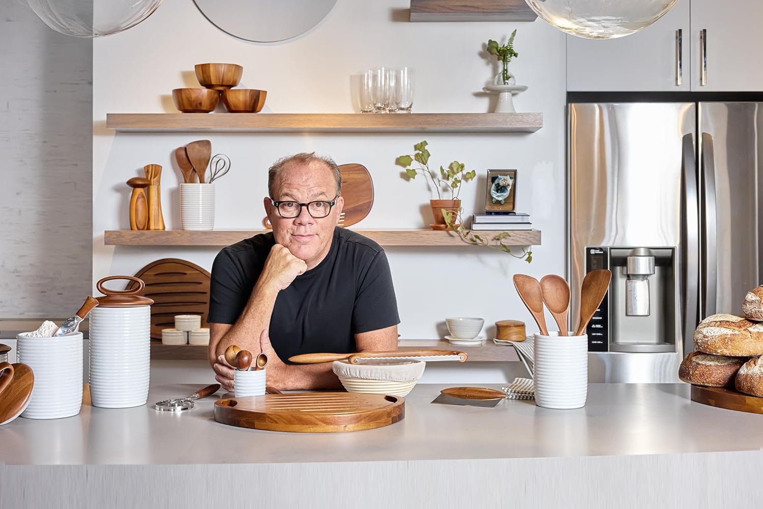 Nambe x Tom Papa Breaking Bread Canister - 10”H x 6”W, Ceramic Stoneware Storage Jar with Acacia Wood Lid & Silicone Seal for Fresh Food, Scandinavian Kitchen Decor for Countertop Storage (Medium)