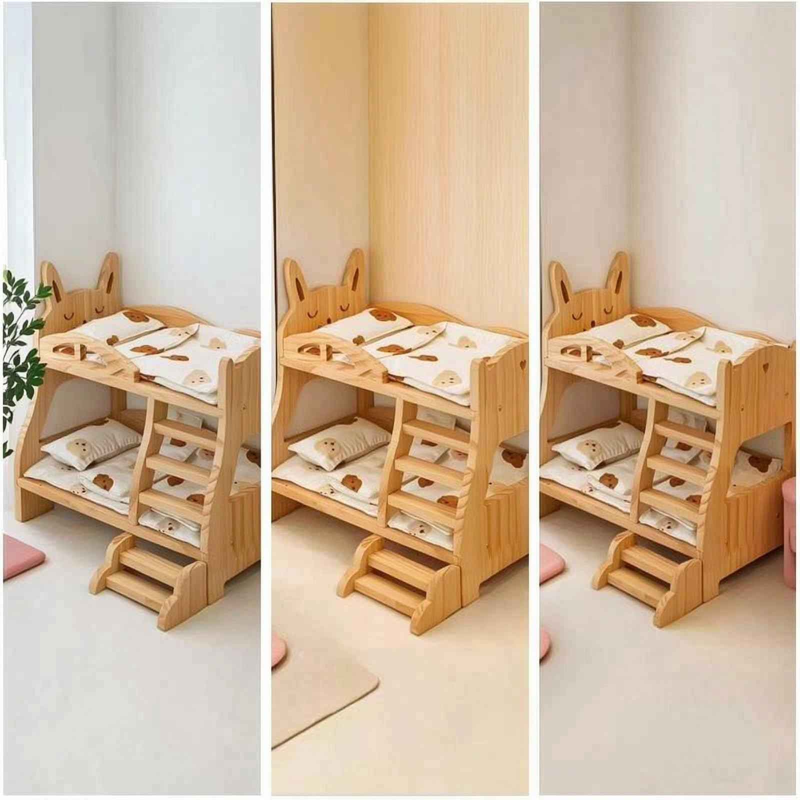 Colcolo Kinder Puppenbett Etagenbett Spielbett Bettgestell Puppenmöbel aus Holz mit Doppelstock Aufbau Und Sauberer Verarbeitung Erweitert Puppenwelten für, Kaninchen-Etagenbett Ohne Bettdecke