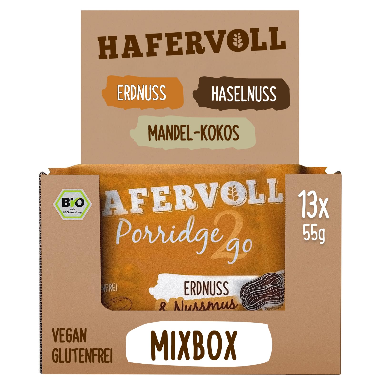 HAFERVOLL Porridge2go Mixbox, 3 Riegel: Sorten Erdnuss, Haselnuss und Mandel-Kokos, 13 x 55g Müsliriegel, Bio-zertifiziert, Vegan, ohne Zusatz von Zucker, mit Nussmus