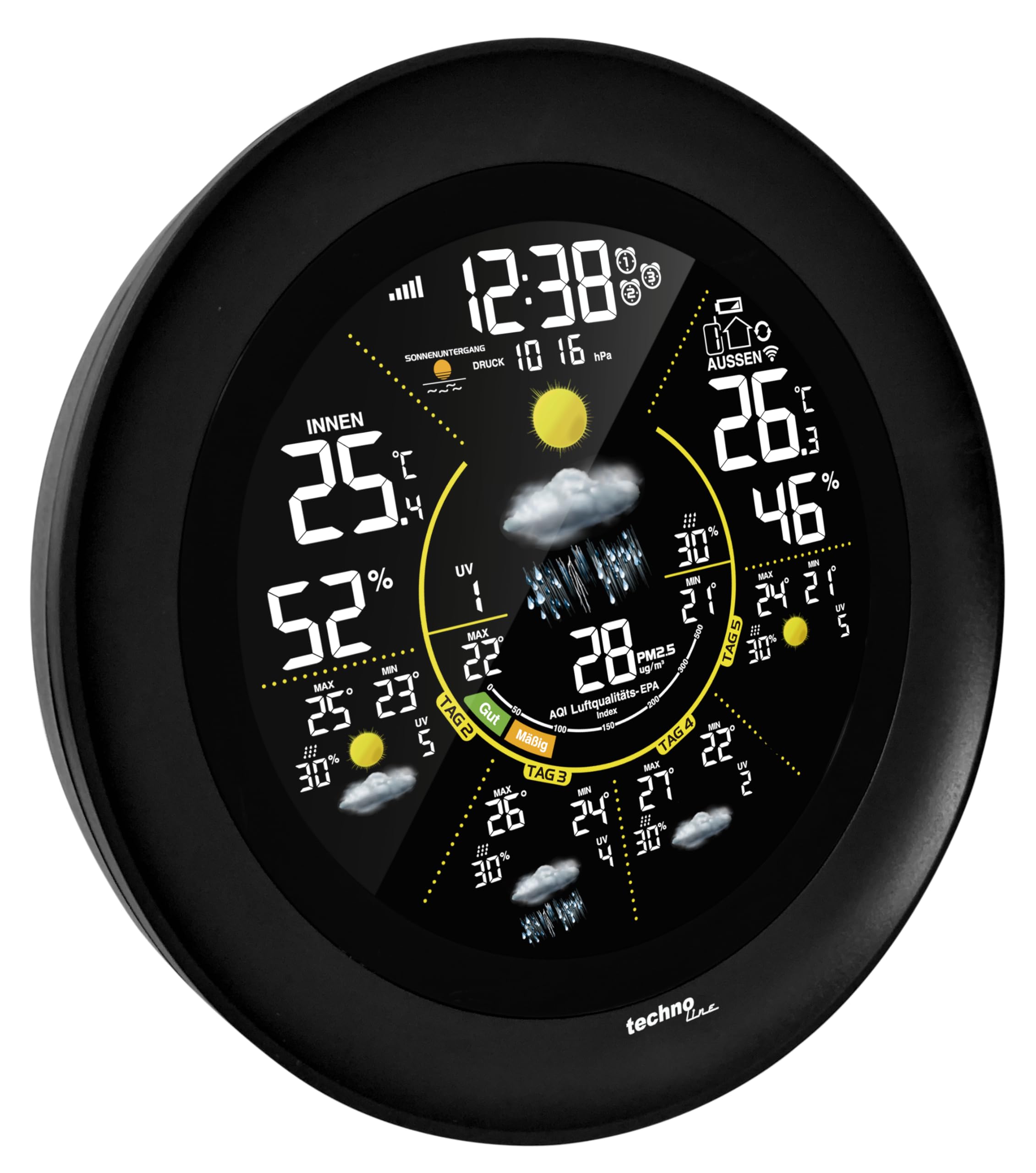 techno line WD 3040 WLAN Wetterstation mit Außensensor | 5-Tage-Wettervorhersage | Farbdisplay | Innen-/Außentemperatur | Luftfeuchtigkeit | UV-Index | AQI Luftqualität | App-Steuerung