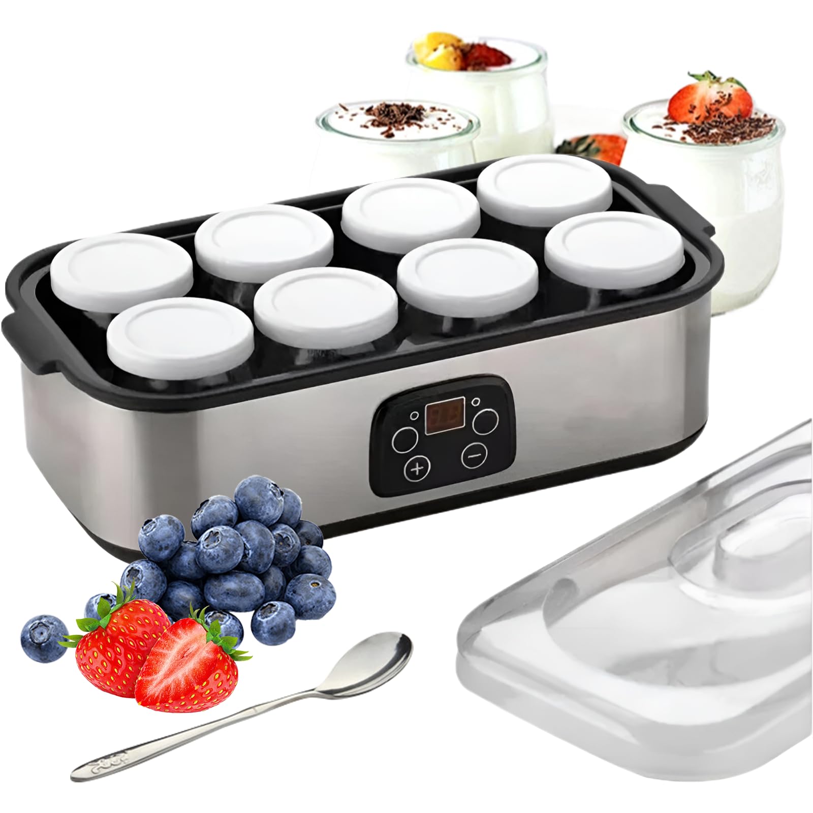 Yogurtera eléctrica de 1400 ml con 8 tarros de 180 ml Pantalla LED Control de Temperatura Constante fácil Limpieza yogurtera automática para Hacer en casa,