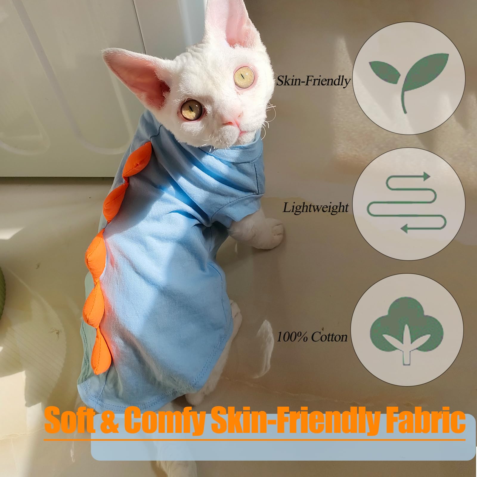 Sphynx Cat Clothes Cat Jumpers for Cats Only Dinosaur Cat Costume Cat Outfit Hairless Cat Sweater Soft Cat Onesie Breathable Cotton T-Shirt Kitten Jumper Coat Cat Clothing Vest Pajama Suit(Blue,XXL) - Image 4