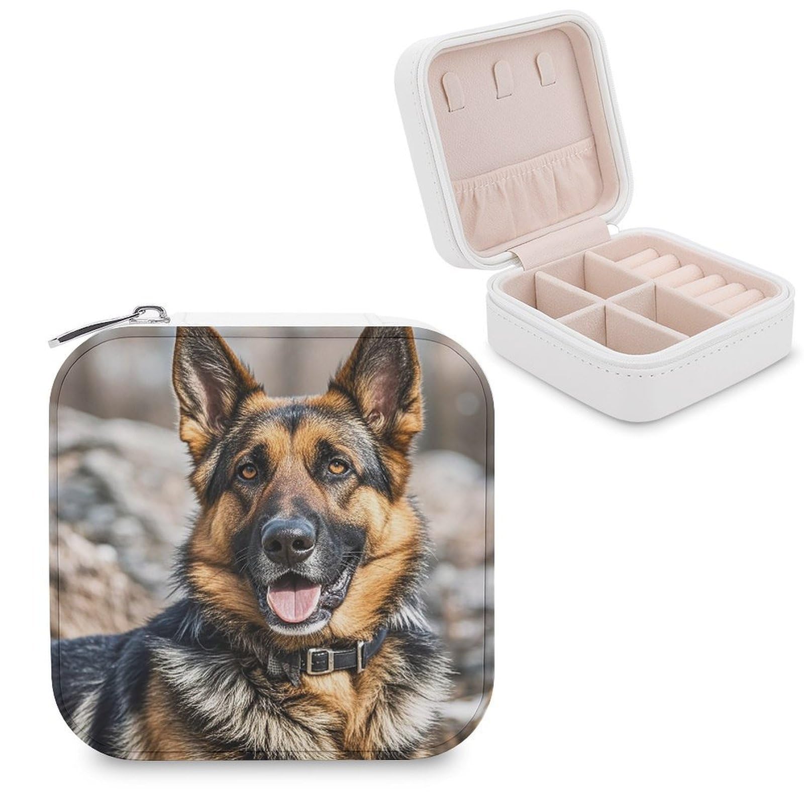 FekiLoot German Shepherd Dog Travel Jewelry Box Small Jewelry Organizer Storage Case Portable PU Leather Mini Jewellry Travel Case Necklace Ring Storage Organizer Gift for Women