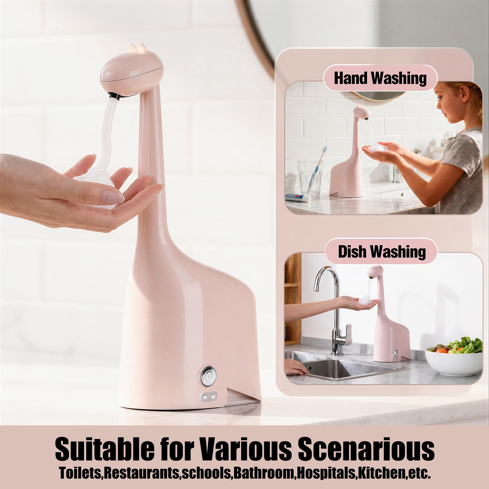 Dispenser automatico di sapone a forma di dinosauro, senza contatto, ricaricabile, 300 ml, schiuma regolabile a 3 livelli, impermeabile IPX5, per bagno, cucina, hotel, ristorante, rosa