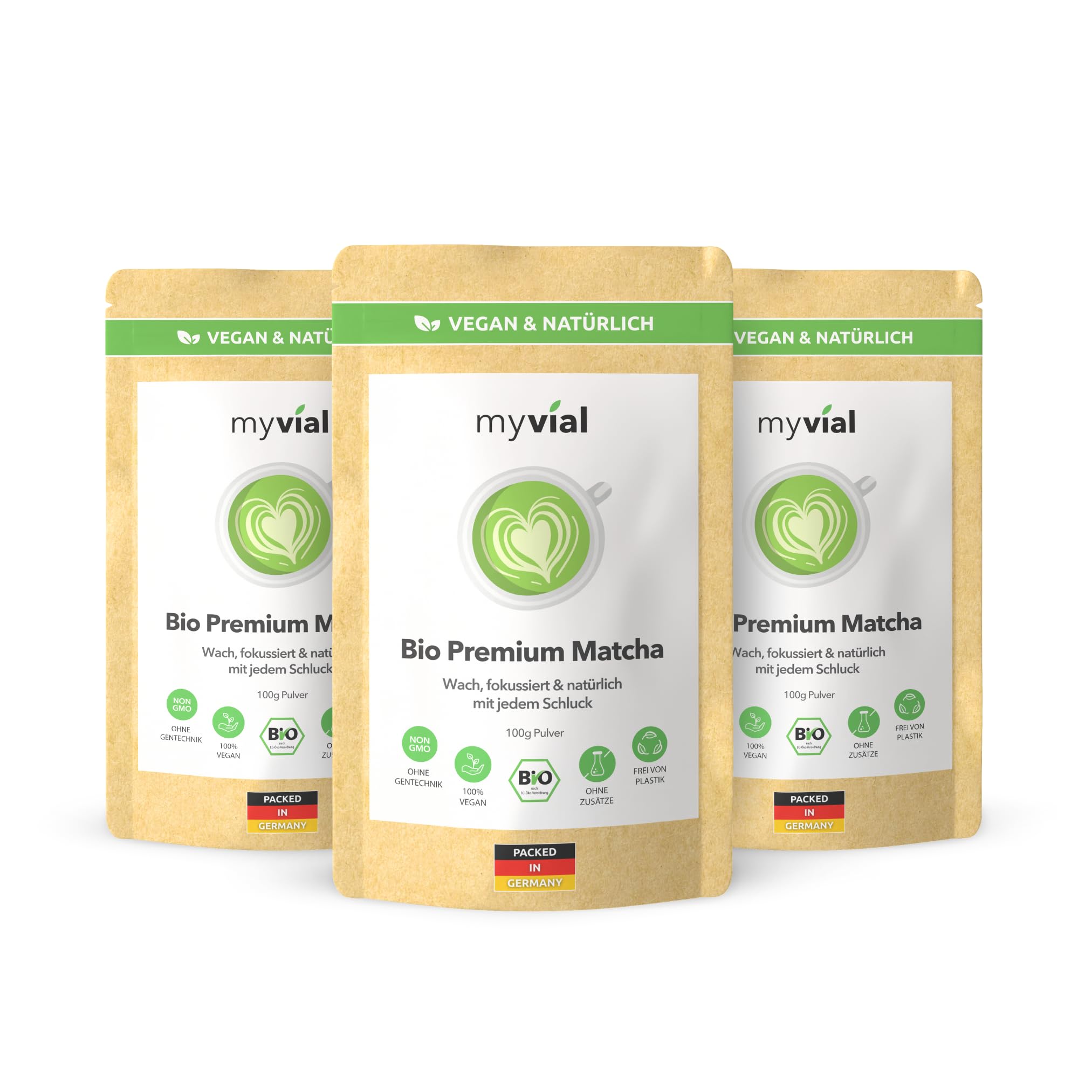Myvial Bio Matcha Pulver Premium 3 x 100g - traditioneller grüner Tee aus Japan - mit Koffein & L-Theanin - vegan - 100% natürlich & laborgeprüft