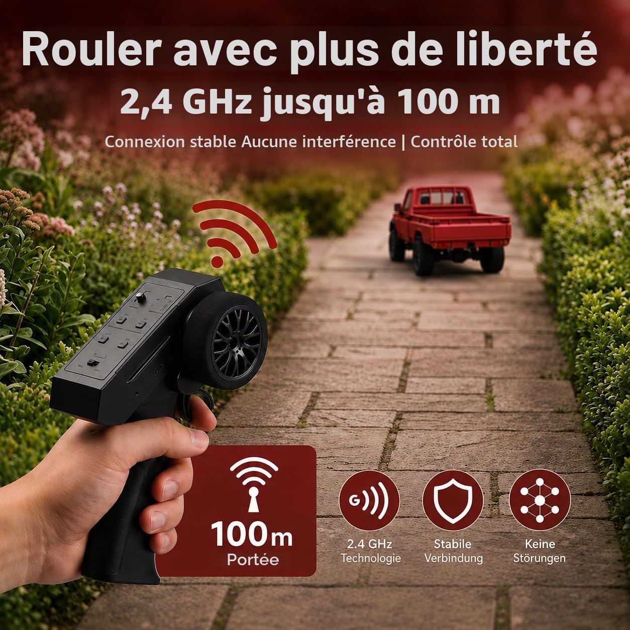 Toyota Land Cruiser | Voiture télécommandée RC 1:12 | 4WD Crawler Pickup | Commande 2,4 GHz 100 m | Lumière LED | Li-Ion 7,4 V 500 mAh 30 min | Kit complet RTR tout-terrain (Rouge)