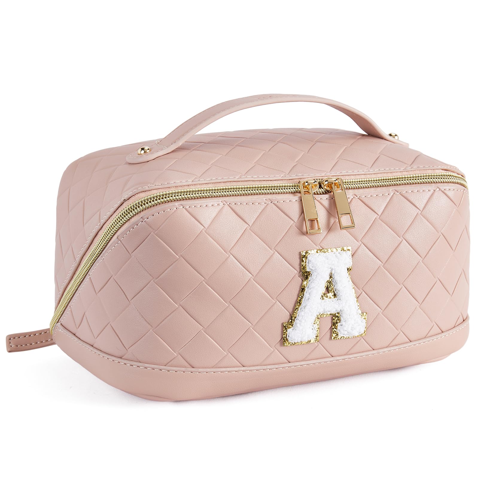 TelenaMakeup Bag Large Capacity Travel Cosmetic Bag Portable PU Leather Water Resistant Makeup Organizer Bags for Women with Handle and Divider Open Flat Pink-A