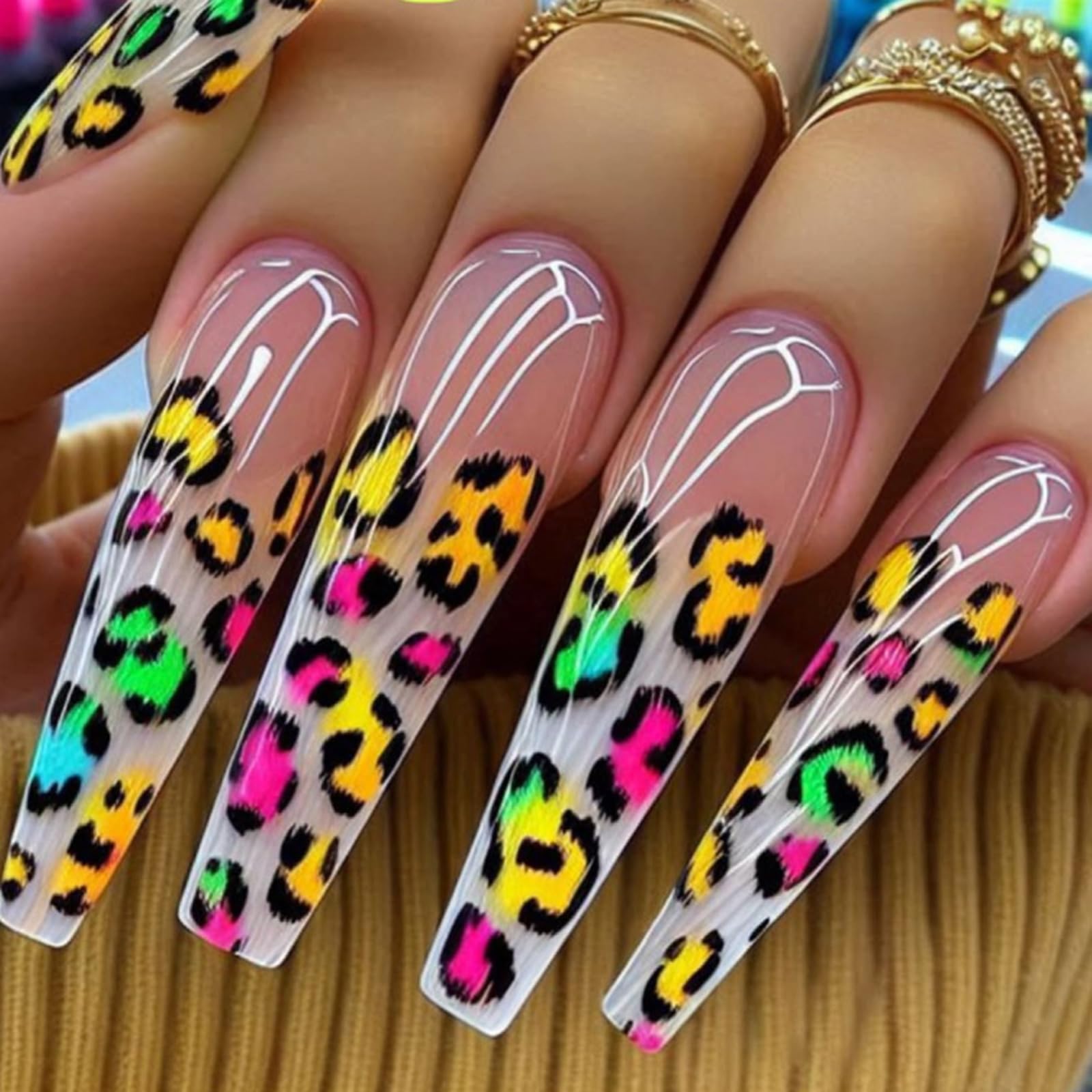 Coffin Press on Nails French Fake Nails Long False Nails Colorful Leopard Print Acrylic Nails Full Cover Glue on Nails Cute Artificial Nails Glossy