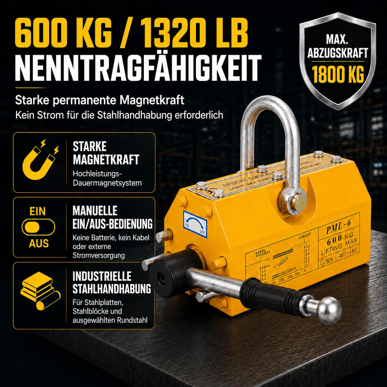 Magnetheber 600 kg permanenter Hebemagnet mit manuellem EIN/AUS-Hebel