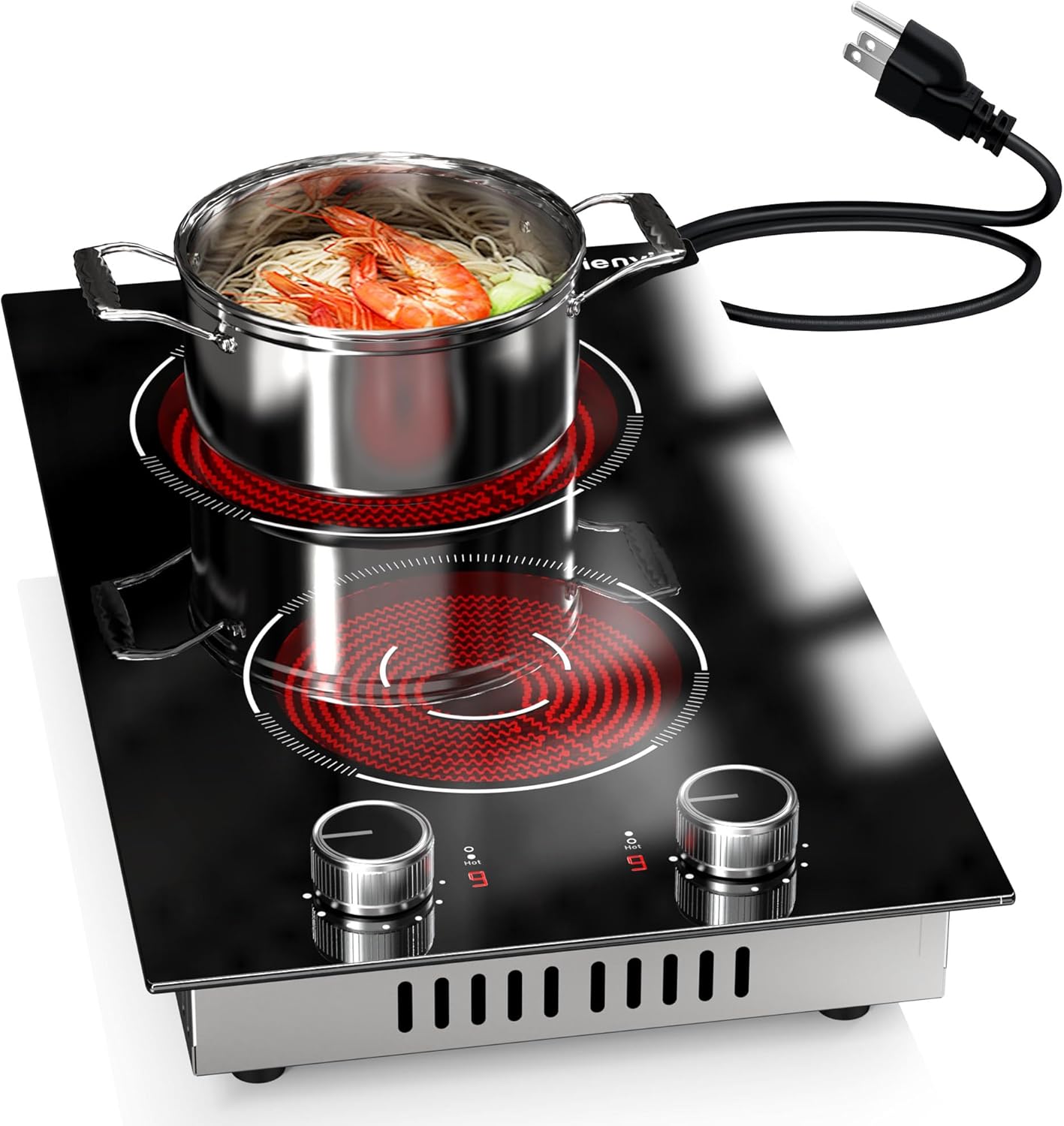 2 Burner Electric Cooktop, 12 Inch Countertop & Built-in Electrical Stovetop, 110V Electric Stove with Plug, Knob Control, 9 Power Level, 2000W(1400W+600W) White knob new