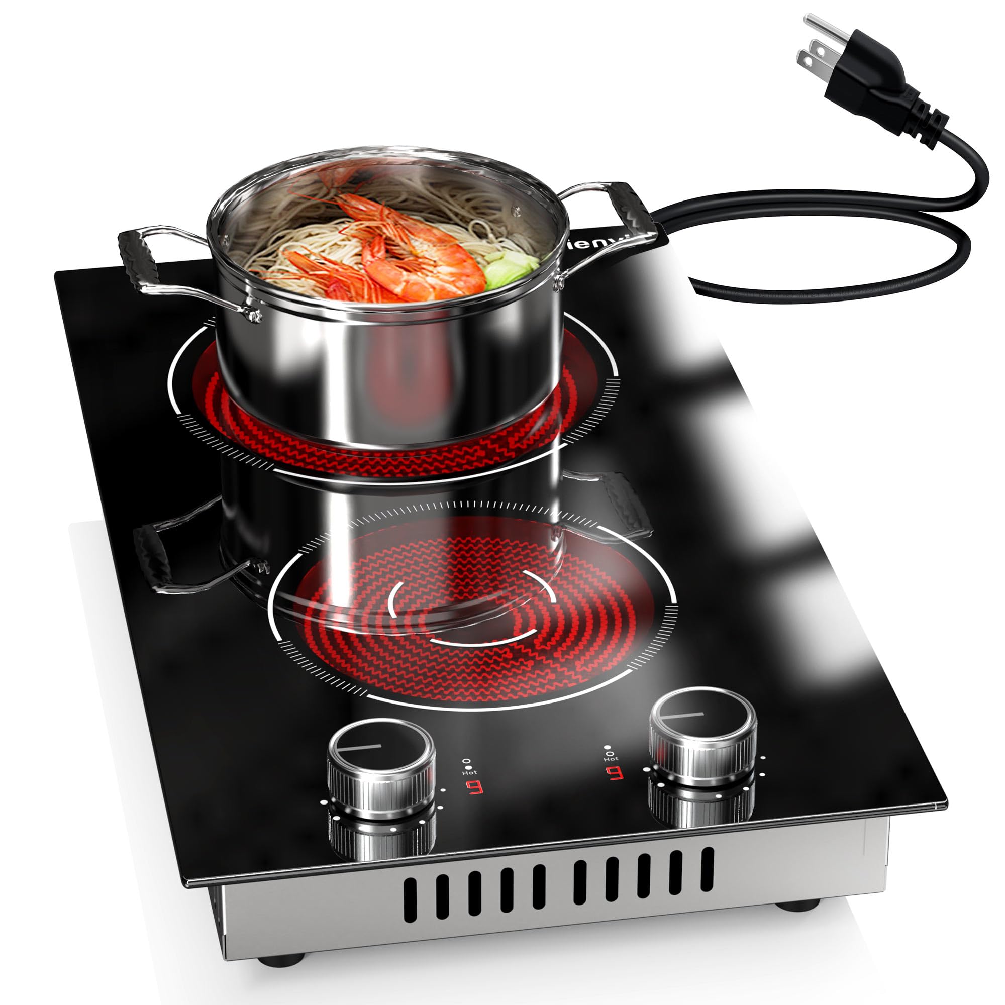 2 burner electric cooktop, 12 inch countertop & built-in electrical stovetop, 110v electric stove with plug, knob control, 9 power level, 2000w(1400w+600w)
