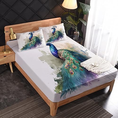 Miniatura 2 de Juego de sábanas de pavo real tamaño matrimonial, juego de sábanas de acuarela con diseño de acuarela de microfibra súper suave, juego de sábanas de