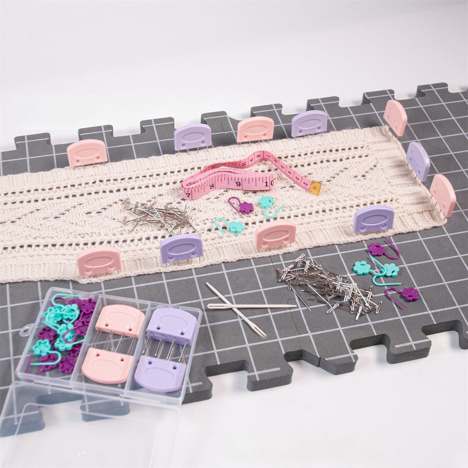 Tapetes de bloqueo para tejer con guías de medición impresas, juego de 4 tapetes, bolsa de transporte y herramientas de modelado para trabajos de crochet Tapetes de bloqueo de punto Tabla de crochet