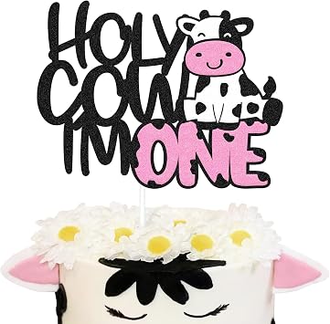 Holy Cow Im One Cake Topper Cow Theme Happy First Birthday Cake Decor, Kids Boy Girls Cow One Year Old Bday Party Supplies Glitter 1ST Birthday Decoration