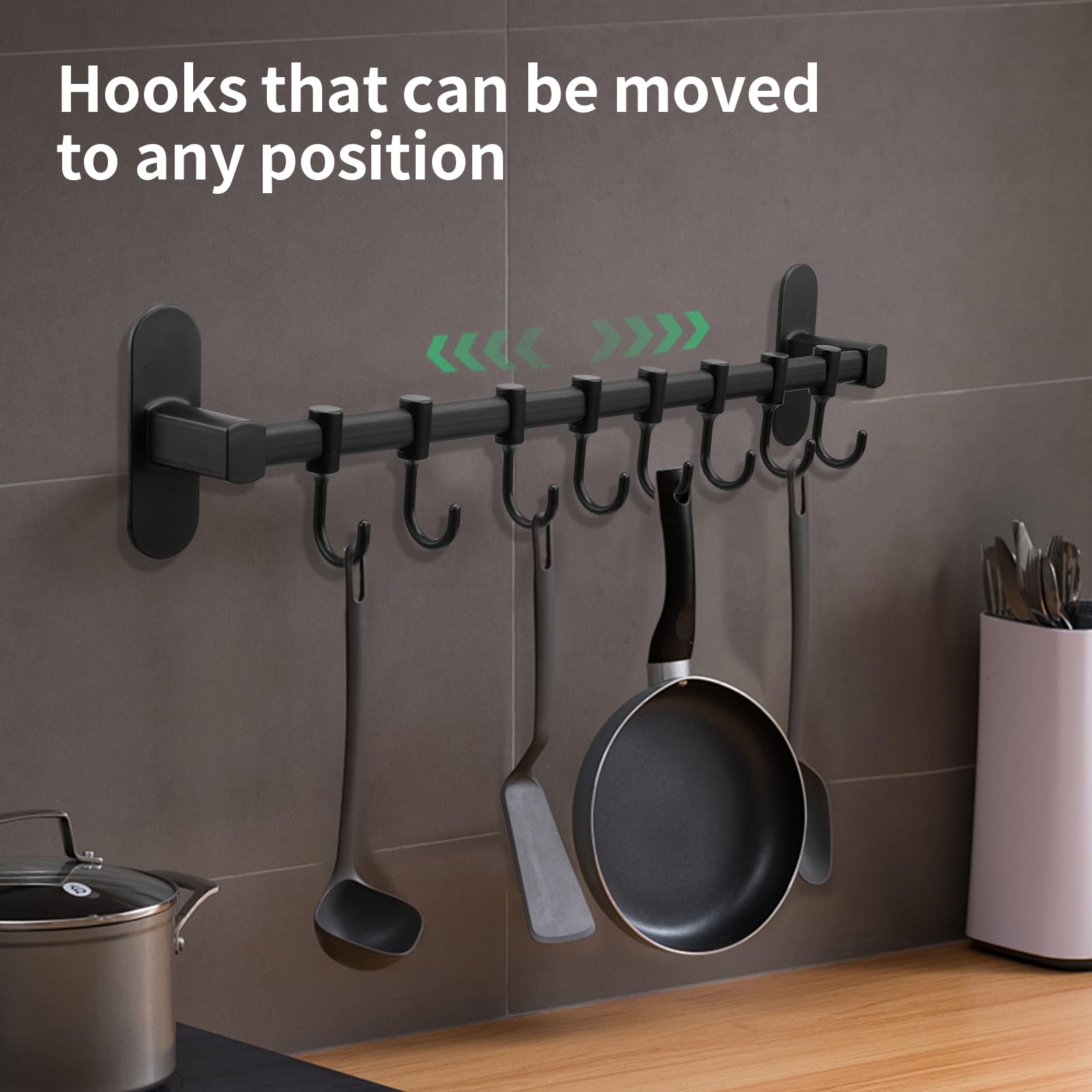 Barra Portautensili Da Cucina Con 8 Ganci - 40 Cm Nero, Regolabile, Senza Trapano - Per Mestoli E Pentole - Foto 8