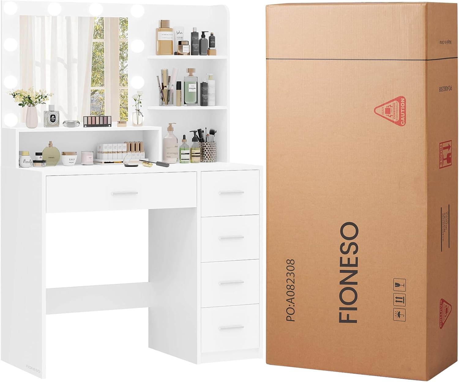 FIONESO Makeup Vanity Desk packaging and components