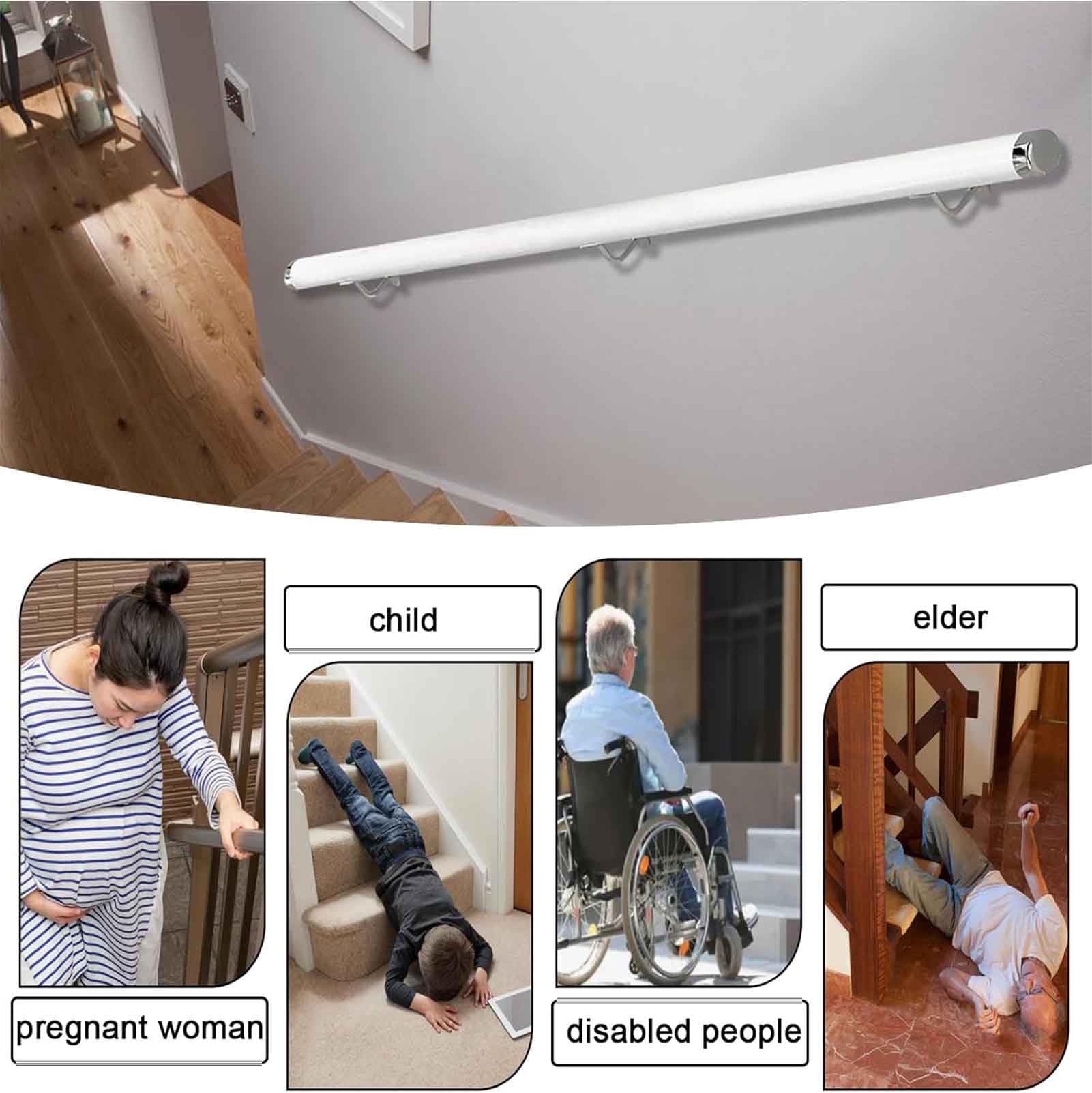 Blanca,100cm, Varilla de Soporte de barandillas de Escalera Redondas Antideslizantes, barandilla de Escalera para Ancianos con Soportes de Acero Inoxidable