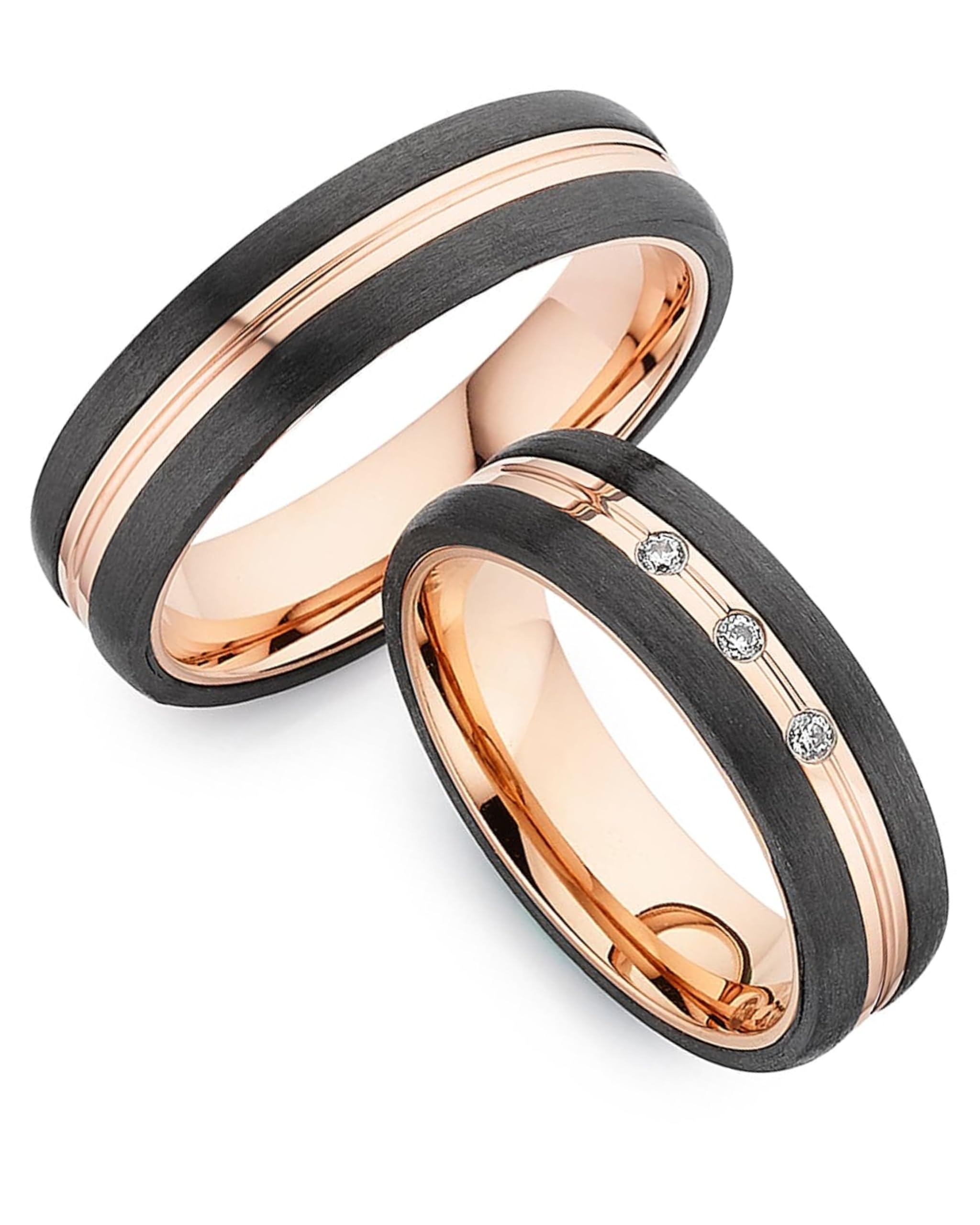 123traumringe Anillos de boda de carbono, titanio y con baño de oro rosado, precio por par con circonitas, incluye grabado, alianzas de titanio para él y ella, anillos de boda, P36