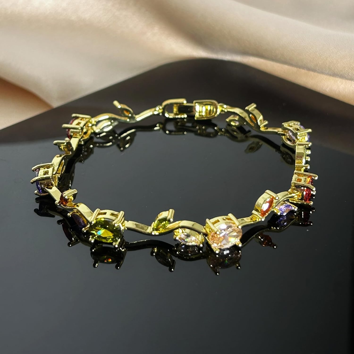 Multicolor Cubic Zirconia Rose Flower Bracelet, 14K Gold Plated Tennis Bracelets for Women, Classic Wedding Bridal Jewelry Gifts for Her Size 7.6 inch