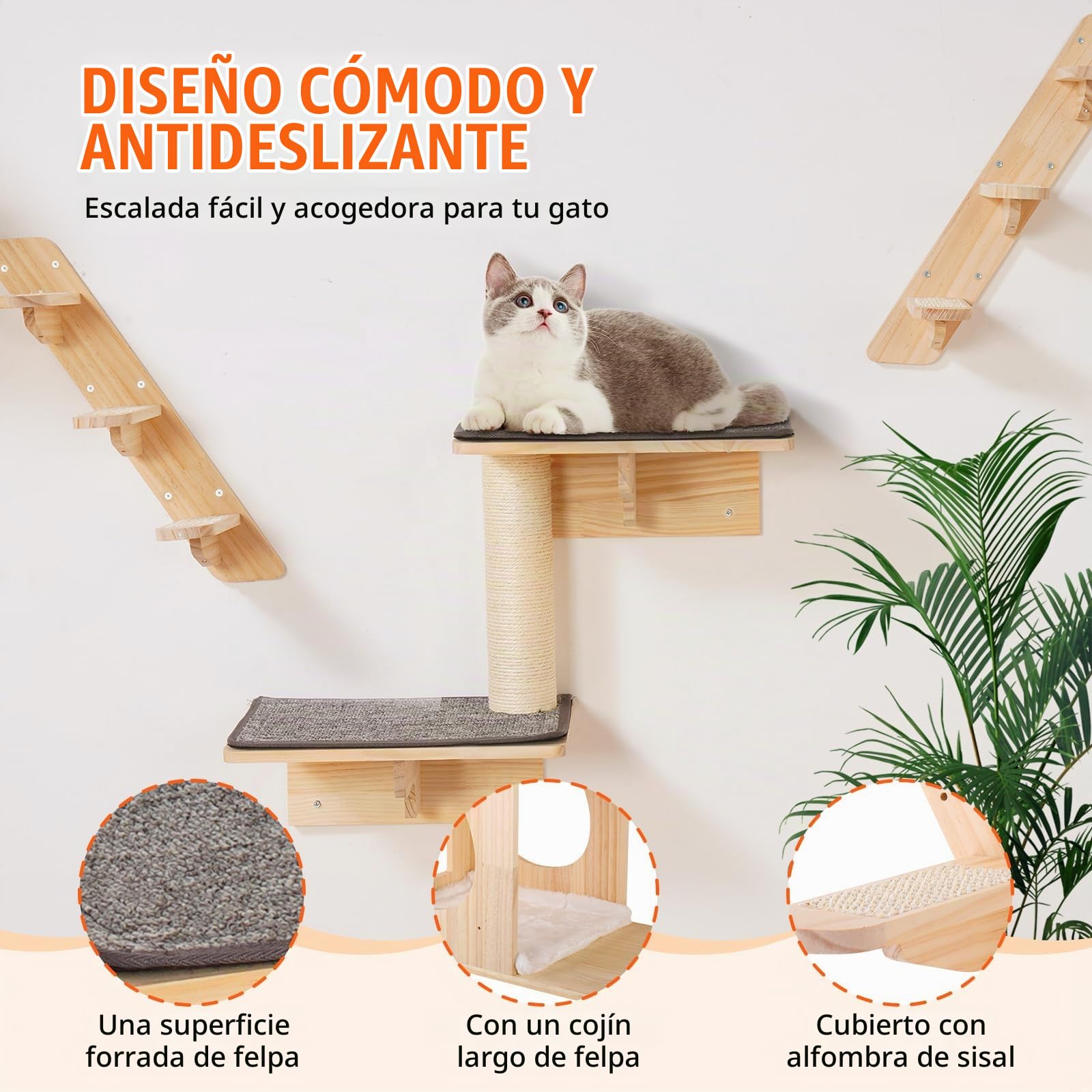 VEVOR 7 PCS Estantes de Pared para Gatos Carga de 18,14 kg Estantes de Pared para Gatos y Perchas con Tablas para Saltar, Camas para Gatos, Hamacas y Árboles para Gatos para Dormir, Jugar y Trepar