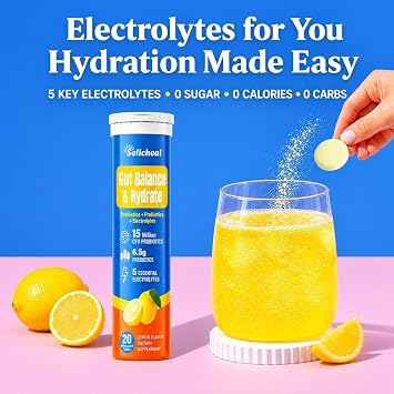 Electrolyte Tablets, Hydration & Fiber Supplement for Women & Men, 60 ct | with Prebiotics & Probiotics for Gut Health, Lemon Flavor Hydration Drink, Electrolytes Sugar Free, Keto Friendly, 60 Tablets