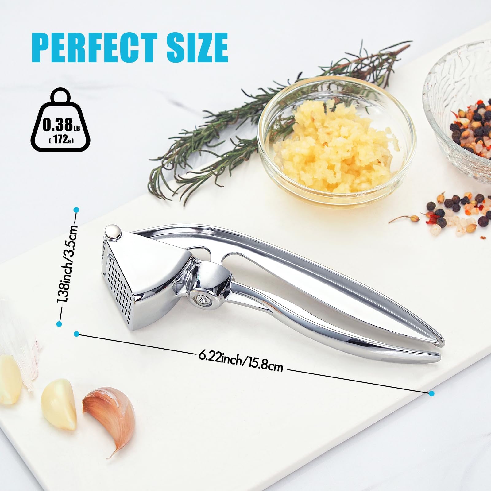 Prensa Ajos Profesional de Acero Inoxidable, Machacador de Ajos y Picador de Ajo Resistente, Prensador de Ajos Ergónomico, Lavable en Lavavajillas, Utensilio de Cocina Pesado y Duradero
