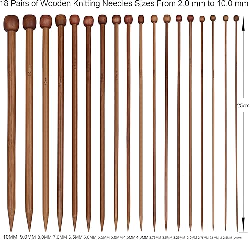 Miniatura 2 de Aeelike Juego de 18 pares de agujas de tejer de bambú, agujas de tejer de madera de 10 pulgadas, agujas de tejer de un solo punto con bolsa