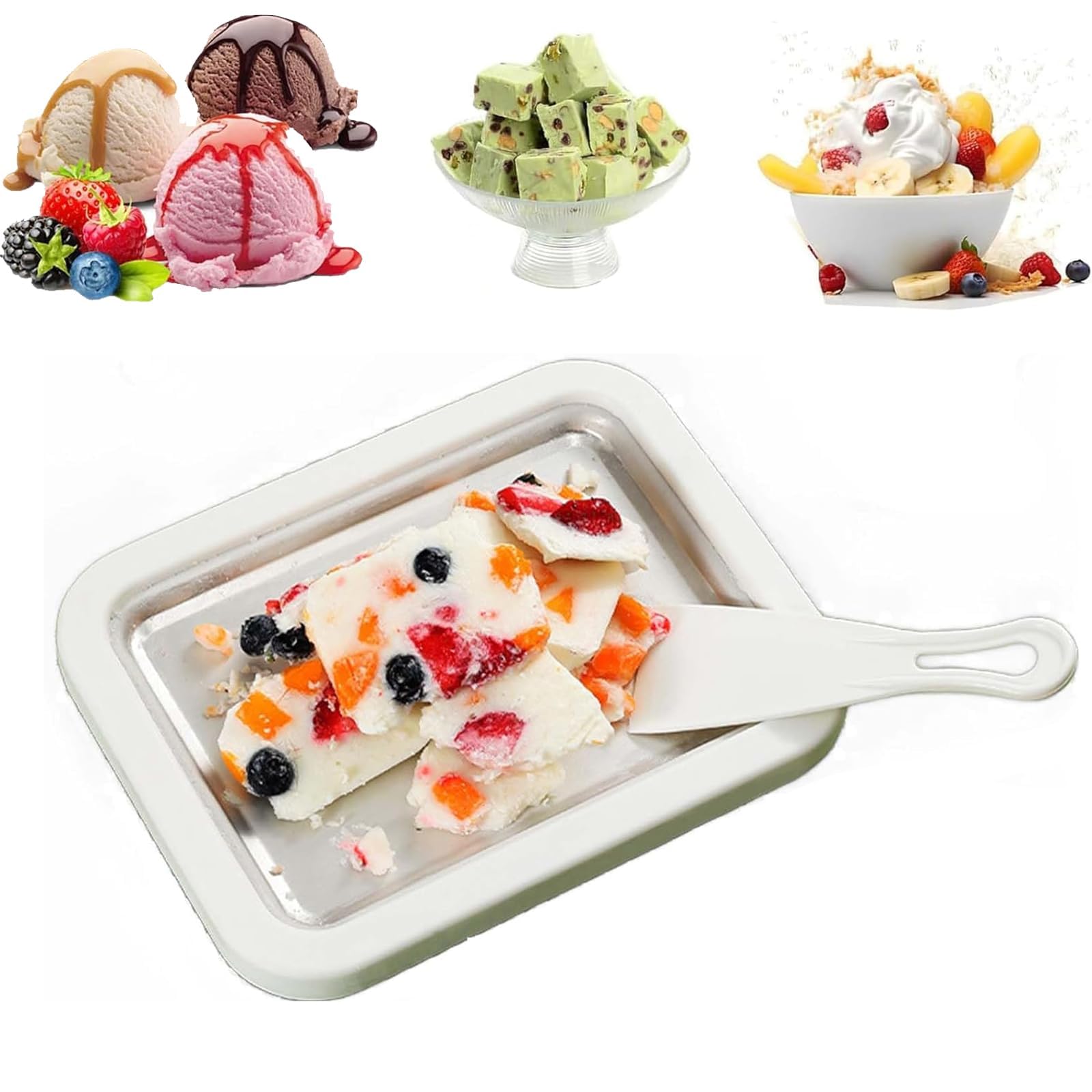 Petrus Eiscreme-Tablett, gerollte Eismaschine, DIY-Mini-Eiscreme-Tablett-Maker, Schnellkühltablett mit 2 Spateln