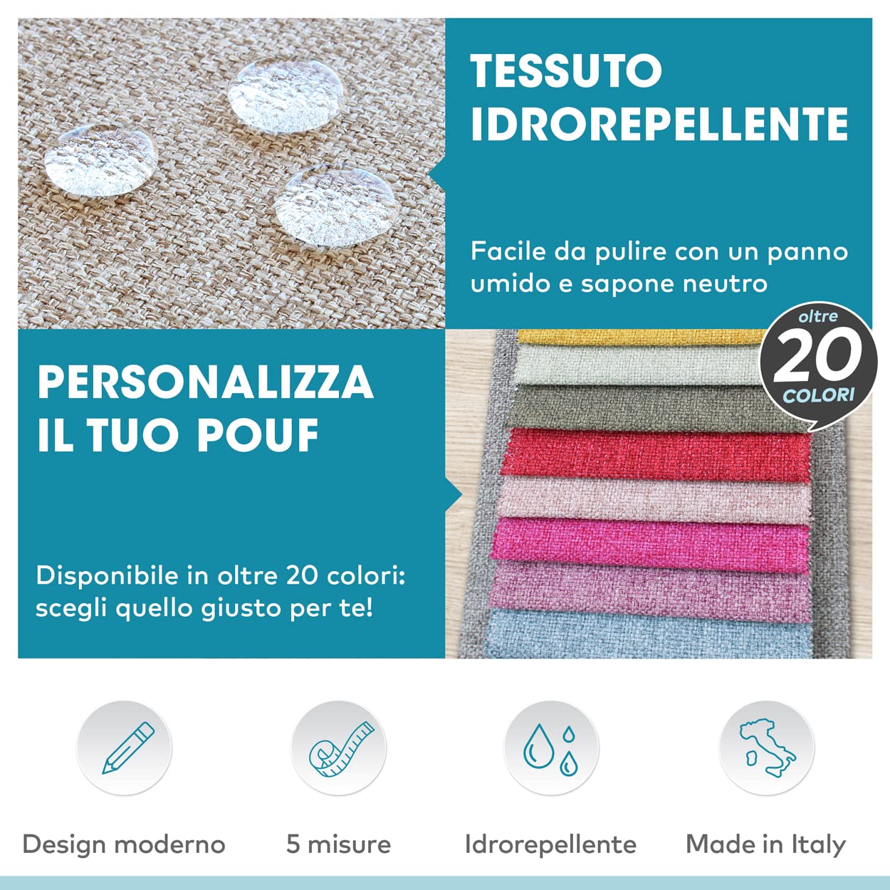 Deshome Pouf poggiapiedi 83x43x44 cm stoffa Idrorepellente: Pouf design moderno per divano soggiorno camera da letto, Puff poggiapiedi, Pouffe salotto Minerva (Bianco crema)