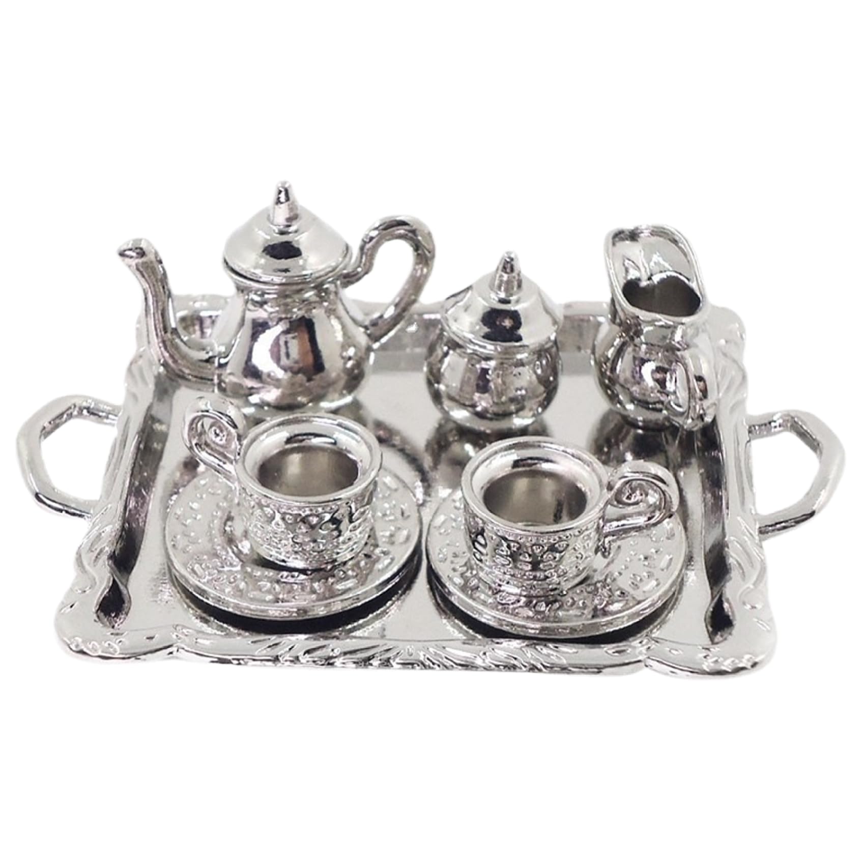 Mini Tea Set, Metal 1/12 Miniature Tea Set, Vintage Pattern Tiny Tea Set, Decorative Mini Tea Cups Tray Kit for Dollhouse Mini House Ornament, Mini Tea Set
