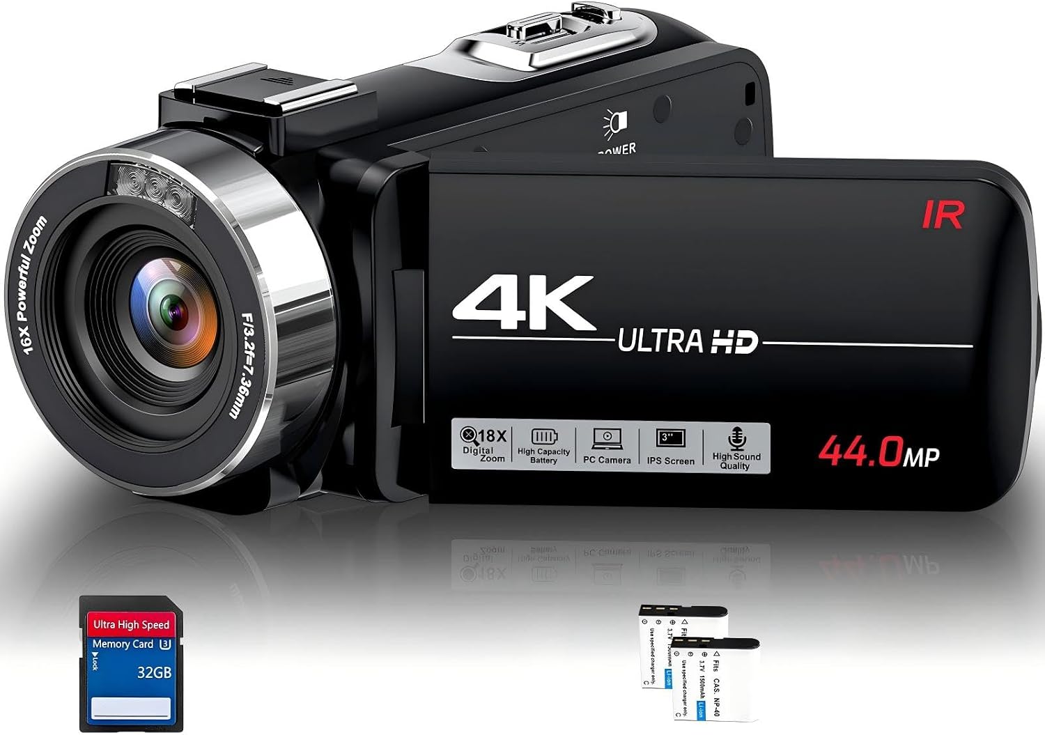 KAELX 4K Camcorder Video Camera, 44MP Vlogging Camera 18X Digital Zoom with 2 Batteries and 32G SD Card