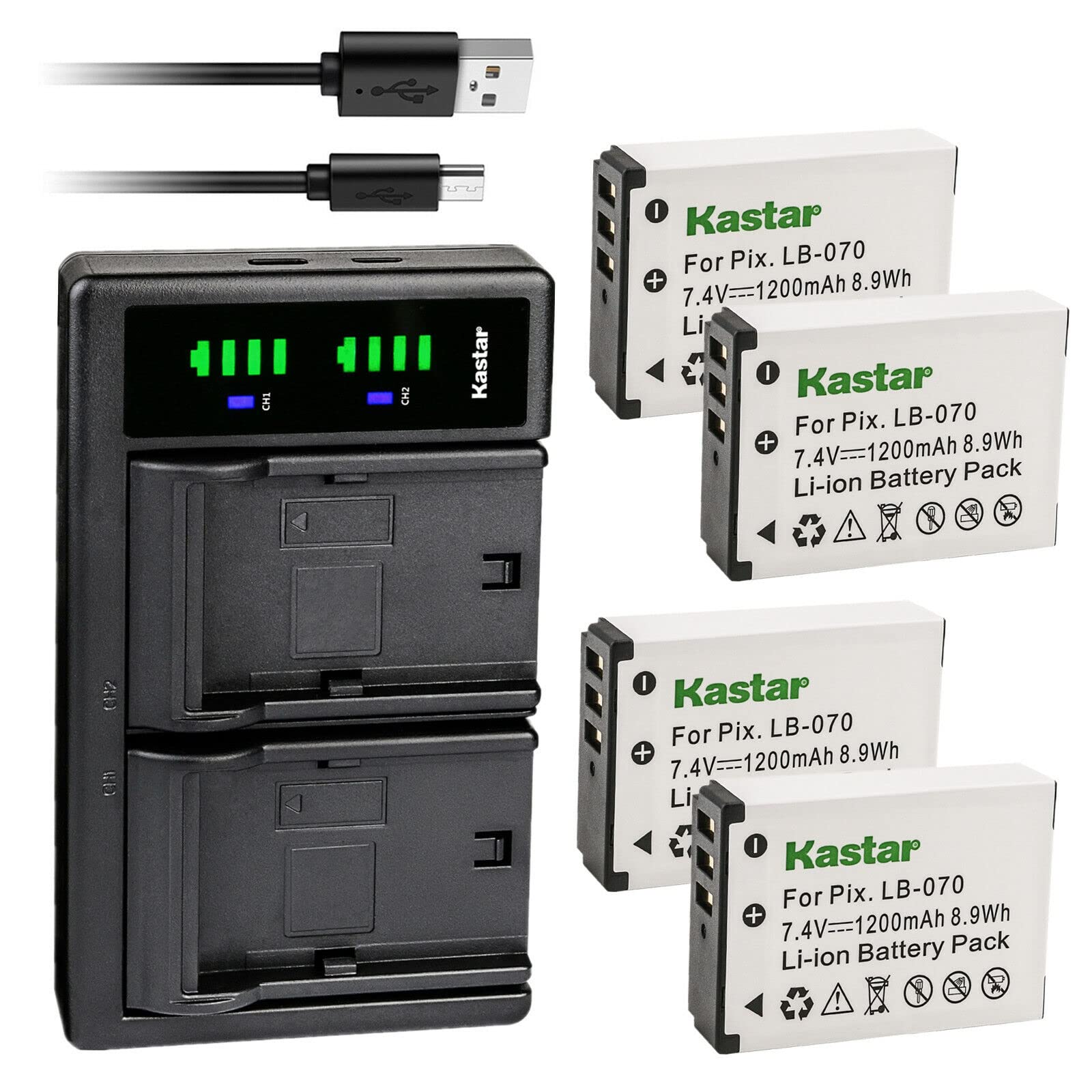 Kastar 4-Pack LB-070 Battery and LTD2 USB Charger Replacement for Kodak Pixpro AZ901, Kodak Pixpro AZ901 Astro Zoom, Kodak PIXPRO S1, Kodak PIXPRO S-1