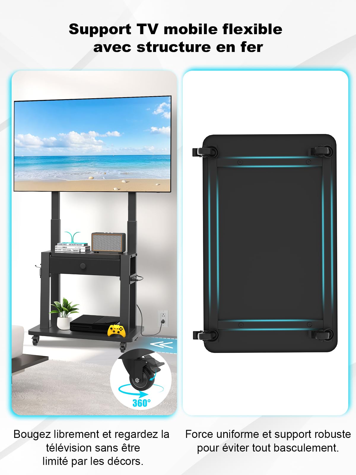 Support TV avec Prise électrique et tiroir en Tissu pour TV Plats/incurvés de 32-75" (Jusqu 100kg) LCD/LED/OLED. Chariot TV Mobile à Hauteur réglable pour Maison ou Bureau. VESA Max 600 x 400mm Noir