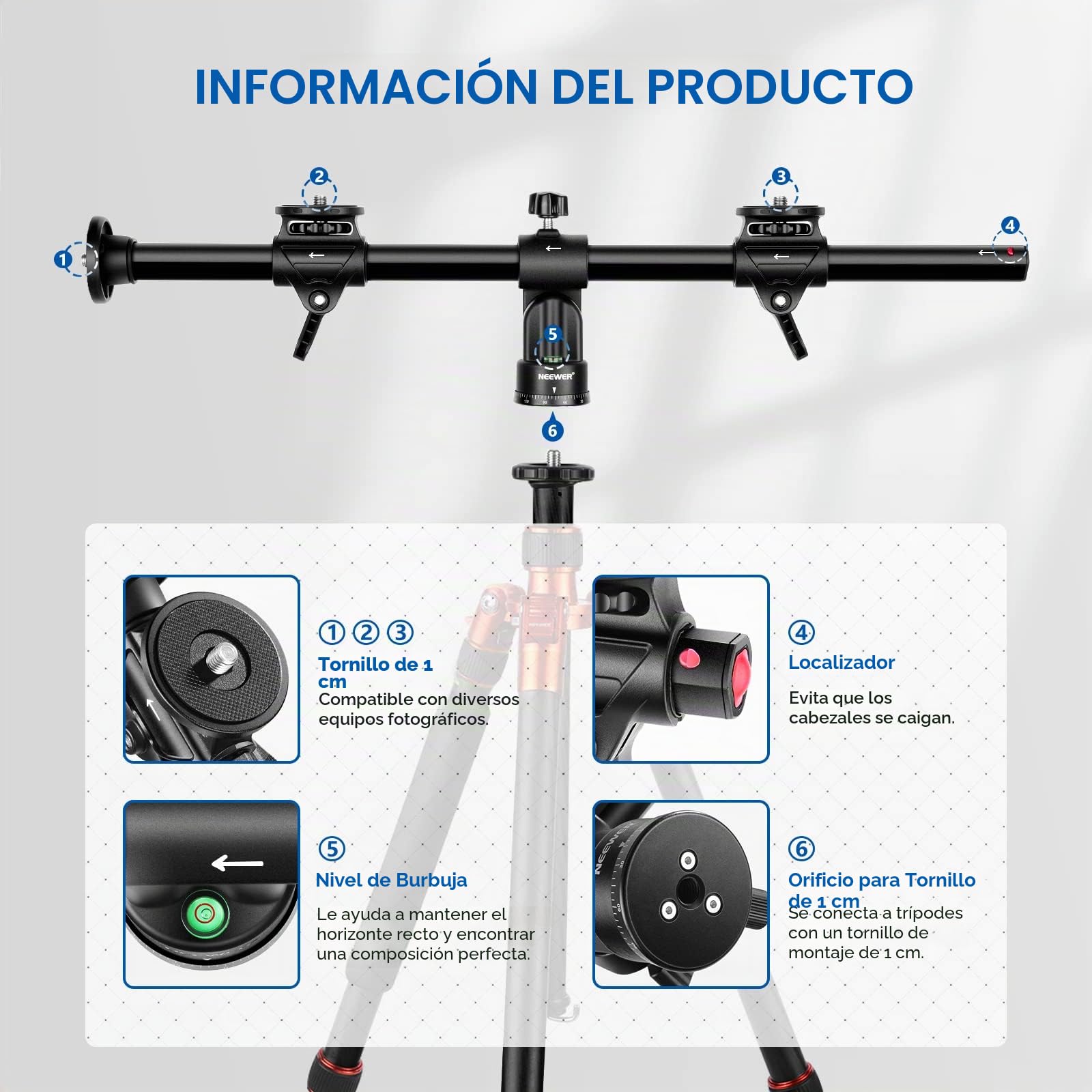 NEEWER 76cm Eje Central de Trípode Horizontal con Tornillo de 3/8", Aleación de Aluminio Giratorio de 360​​​​° 180° Brazo de Extensión del Trípode Ajustable, para la Fotografía Macro(Carga hasta 10kg)