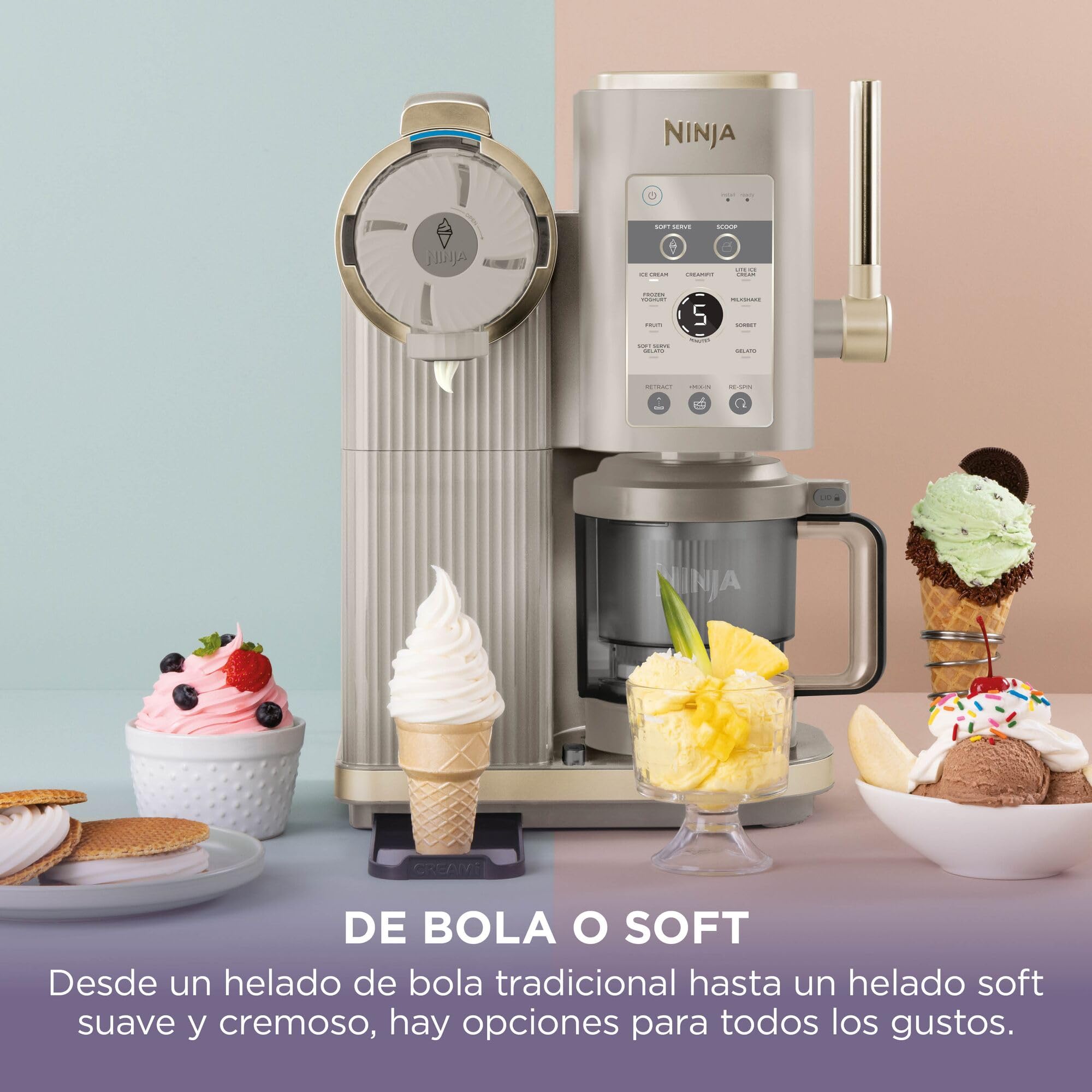Ninja CREAMi Scoop & Swirl La heladera con 2 tarrinas y 13 funciones prepara helados, helados cremosos, gelatos, batidos y más, y cuenta con la opción de añadir extras, piedra/dorado, NC701EUSTGD