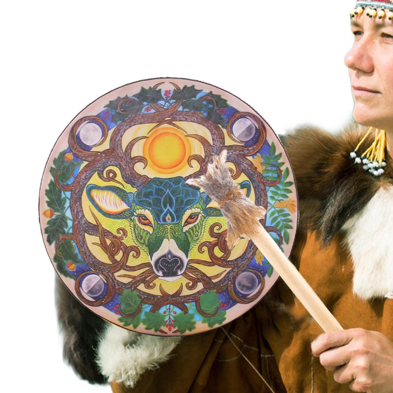 Auténtico tambor chamán, tambor de cabeza de de 9 pulgadas, 9.84 x 9.84 x 1.97 pulgadas, batería hecha a mano con piel natural, instrumento musical espiritual con resonancia profunda, tambores