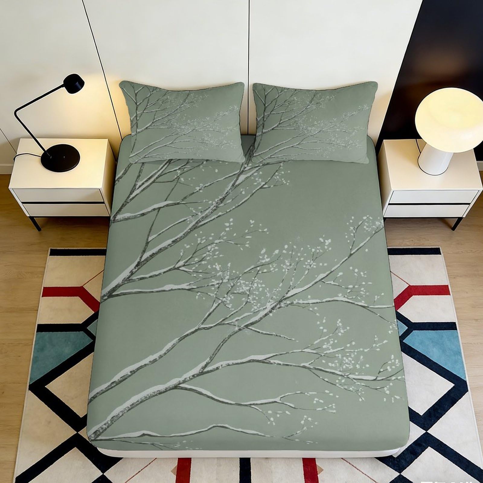 Uynsixtme Style-4 3D Printed Branch Floral Fitted Sheet Microfiber Deep Pocket Bedroom Bedding Non-Slip Branch Floral Mattress Fitted Cover Machine Washable For Home 90X200x25cm