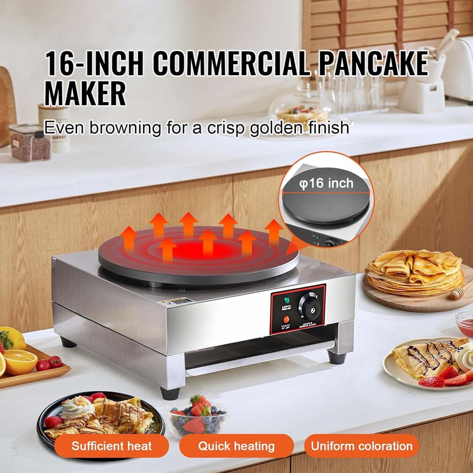 Crepera Redonda De 40 Cm -Plancha EléCtrica Para Panqueques Y Omelettes,Control Preciso De Temperatura Con Indicadores, Cuerpo De Acero Inoxidable + Placa De CoccióN De Hierro Fundido Single-head