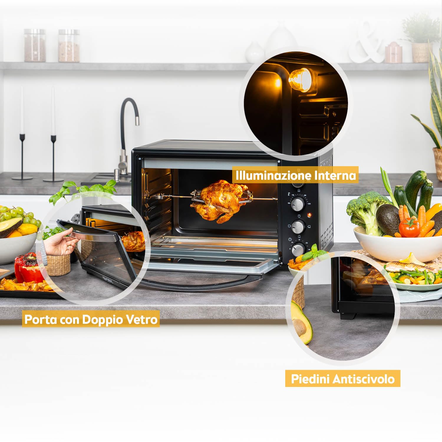 TZS First Austria - Mini Forno 45L 2000W - Fornetto per pizza con temperatura fino a 230°C e rivestimento antiaderente - Con timer di 60 min, 4 altezze di inserimento, teglia, griglia e spiedo rotante